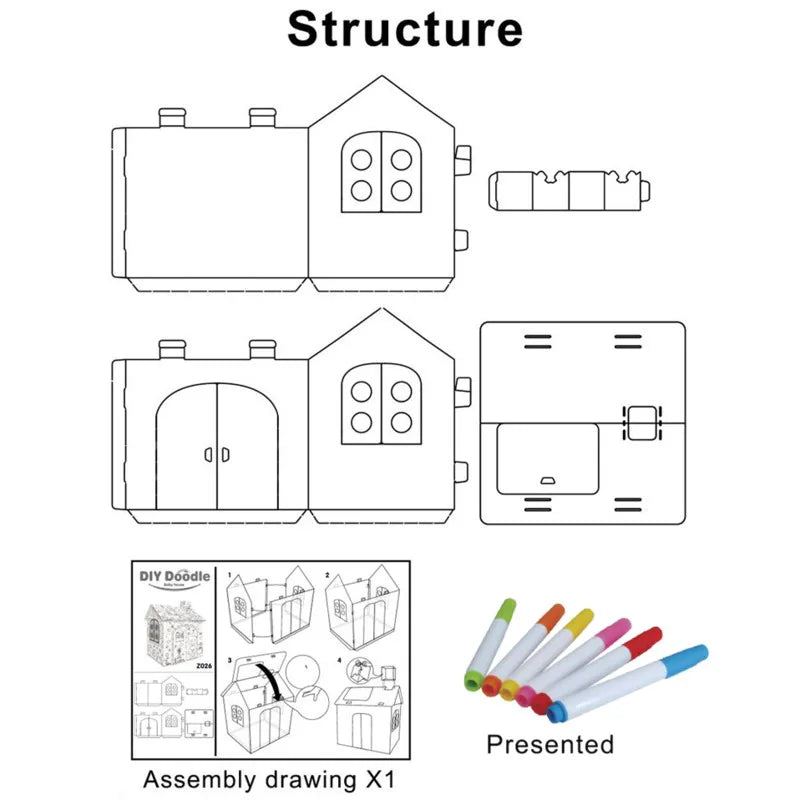 DIY Large Cardboard Coloring Creative Crafts Play House Project Assemble And Paint Educational Toys 2.2 Feet Tall For Kids Game